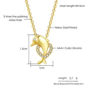 Polished yellow gold dolphin necklace with AAA+ cubic zirconia and 45cm chain length