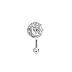 Silver stainless steel moon and spider web piercing ring with heart zirconia stone