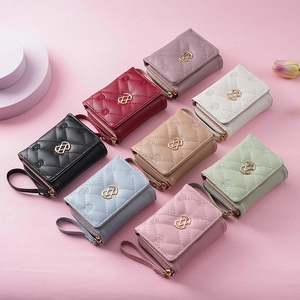Short quilted trifold wallets for women in 8 colors with zipper pocket and wrist strap