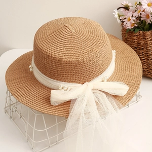 Women Boater Hat Straw Flat Top Sun Protection Beach Vacation Artificial Pearl Gauze Bow Elegant Summer Accessory