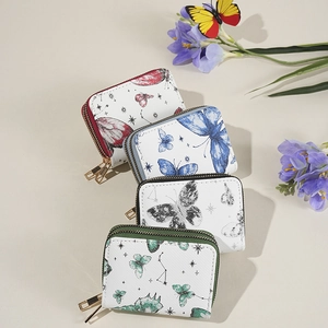 Porte-cartes papillon pour femme avec double fermeture éclair et fentes multiples