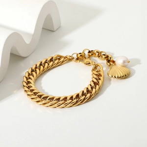 18K gold plated stainless steel curb chain bracelet with pearl and shell charms