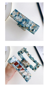 Detailed view of large blue marble acetate hair claw clip showing open and closed states