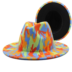 Colorful camouflage print wool fedora hat with wide brim for men and women