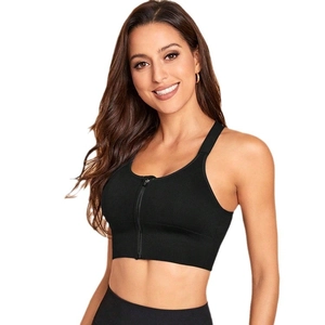 Black high-impact sports bra with front zipper and ribbed texture for fitness workout