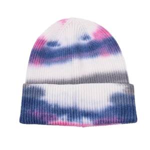 Close-up of the rib-knit texture and colorful tie-dye pattern on this winter beanie