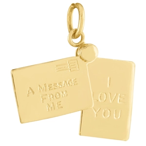 Macro view of gold-plated postcard pendant with A Message From Me and I Love You engraving