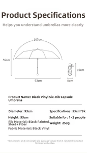 Detailed dimensions of compact 5-fold capsule umbrella with steel ribs and UV coating