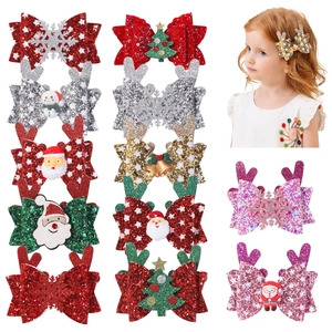 12pcs Christmas glitter hair clips set with reindeer ears and bows for toddlers and kids
