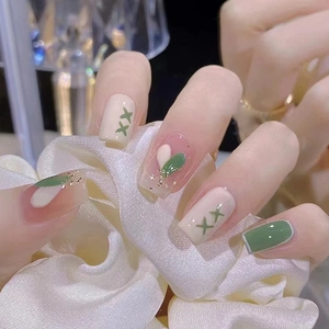 24Pcs Medium Long Coffin Press On Nails Ice Through Milky Green Heart Pattern Fake Nails Set For Women DIY Manicure