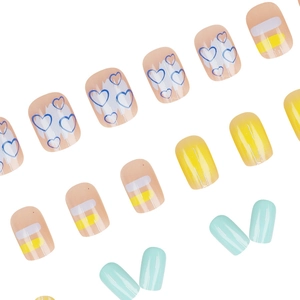 Short square press-on nails with dopamine colorful heart and stripe designs in 24 pieces