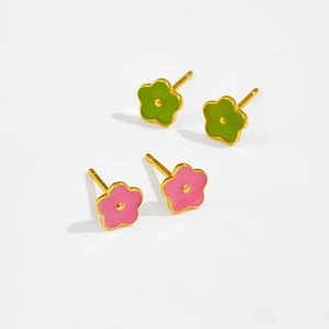 S925 sterling silver flower stud earrings in pink and green with gold plating