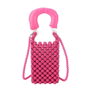 Borsa a cilindro rosso rosa con perline per bambine, design intrecciato e tracolla rimovibile