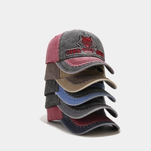 Vintage washed cotton baseball caps with embroidered husky patch in multiple colors