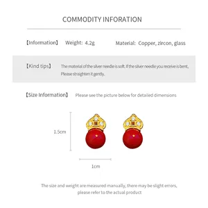 Detail showing red flower earring dimensions: 1.5cm height, 1cm width with zircon and glass