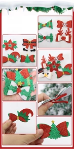 Detail of Christmas bow hair clips with glitter fabric and red metal alligator grip