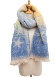 Macro detail of yellow and blue gradient knit scarf with star pattern and soft fringe