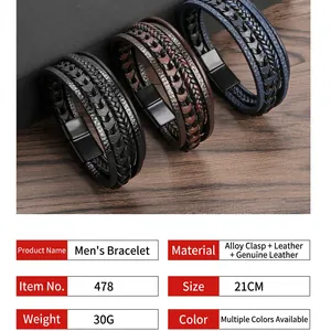 Bracciale in pelle intrecciata a mano con chiusura magnetica in nero, marrone e blu