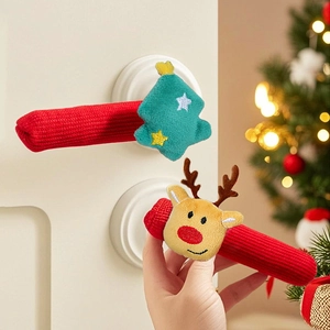 Christmas door handle covers with plush Santa tree and reindeer in festive red knit decor