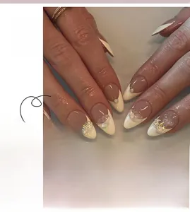 Macro detail of white French press-on nails with 3D iridescent bears and pearls JP2408