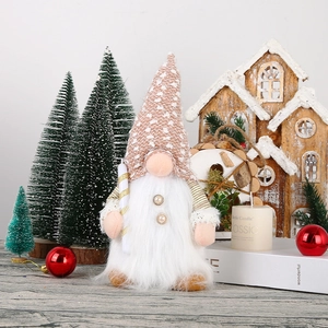 Christmas LED plush gnome with sequins, white beard and striped hat on wooden base