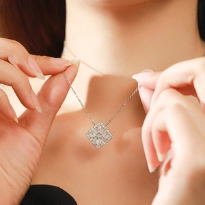 Elegant S925 sterling silver square pendant necklace with sparkling zircon on model