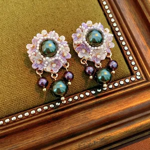 Vintage Flower Dangle Earrings With Purple Resin Flower Dark Green Imitation Artificial Pearl And 925 Sterling Silver Earring Post