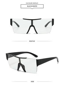 Front and side views of trendy rimless shield sunglasses with clear lenses and black frames