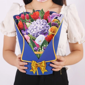 Detailed 3D pop-up flower bouquet card in blue vase held by hands for Mother's Day
