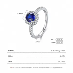 S925 Sterling Silver Ring with square blue sapphire stone and micro-pave side diamonds