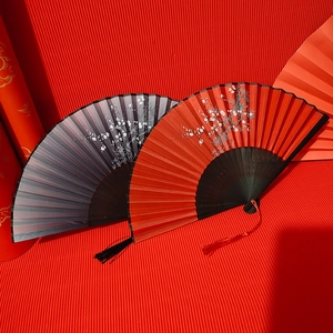 Traditional Chinese Folding Fan Satin Fabric Bamboo Ribs Hollow Carved With Tassel Vintage Handheld Decorative Elegant