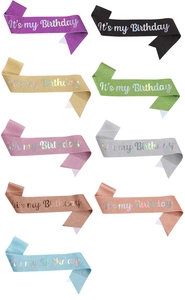 Glitter birthday sashes in various colors with artistic It's my Birthday lettering