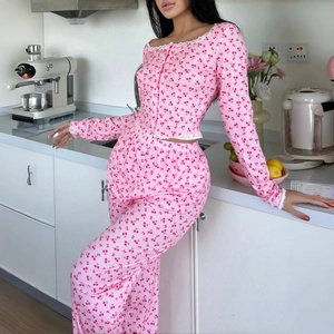 Pyjama Femme Côtelé Imprimé Cerise Dentelle Boutonné Manches Longues Vêtements De Détente Doux Décontracté Haut Et Pantalon