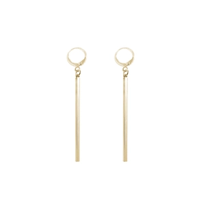 Close-up of sleek light gold geometric bar drop earrings with minimalist metal design