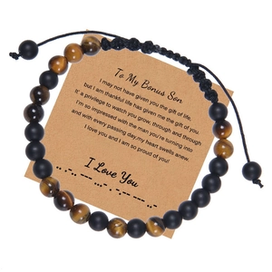 Bracelet code Morse en œil de tigre avec carte cadeau pour beau-fils