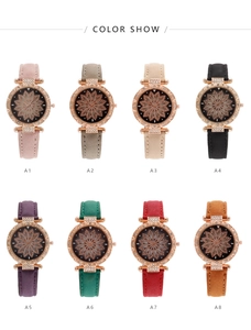 Color options of women's quartz watches with rose gold cases and crystal floral dials