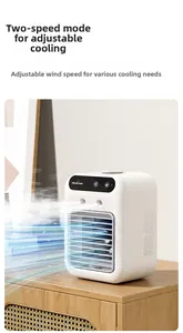 Detail view of white portable air cooler with dual speed settings and cooling mist effect