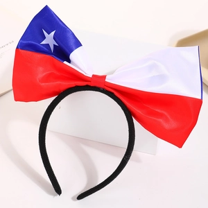 Detail of Chile flag satin bow headband with red, white and blue colors on black band