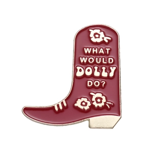 Creative red cowboy boot enamel brooch with What Would Dolly Do text and white flowers