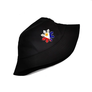 Classic black cotton bucket hat featuring a sun emblem logo for summer outdoor sun protection