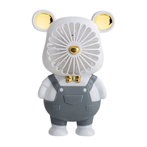 Portable mini bear fan in white and grey with gold accents and USB charging