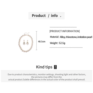Detail showing specifications for alloy and pearl necklace set with 52.5g weight info