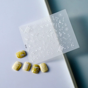 5D embossed physics math formula nail stickers on bright yellow manicured nails