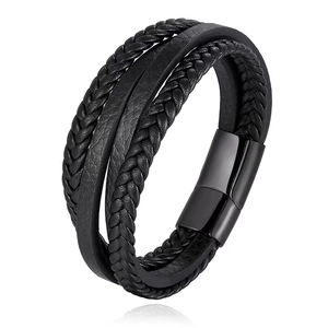 Men's multi-layer black braided leather bracelet with magnetic metal clasp on white background