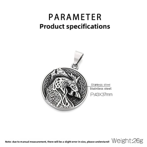 Detailed view of Viking wolf pendant in stainless steel with 43x37mm dimensions
