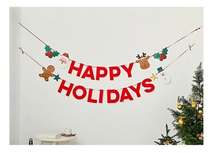 Festive Happy Holidays banner with Santa, reindeer, and snowman wall decor