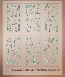 Detailed sheet size 100x180mm of 6 pieces vintage eucalyptus floral PET stickers set