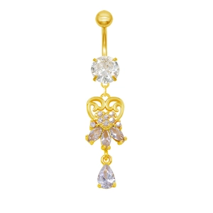 Detail of gold belly button ring with hollow heart design and sparkling zircon stones