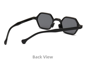 Detail view of hexagonal black sunglasses showing size dimensions on the inner temple arm