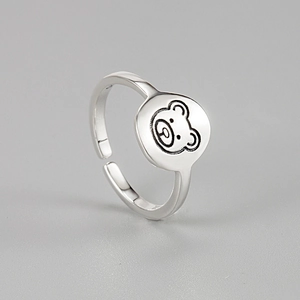 925 sterling silver adjustable open ring featuring a cute 3D cartoon bear design